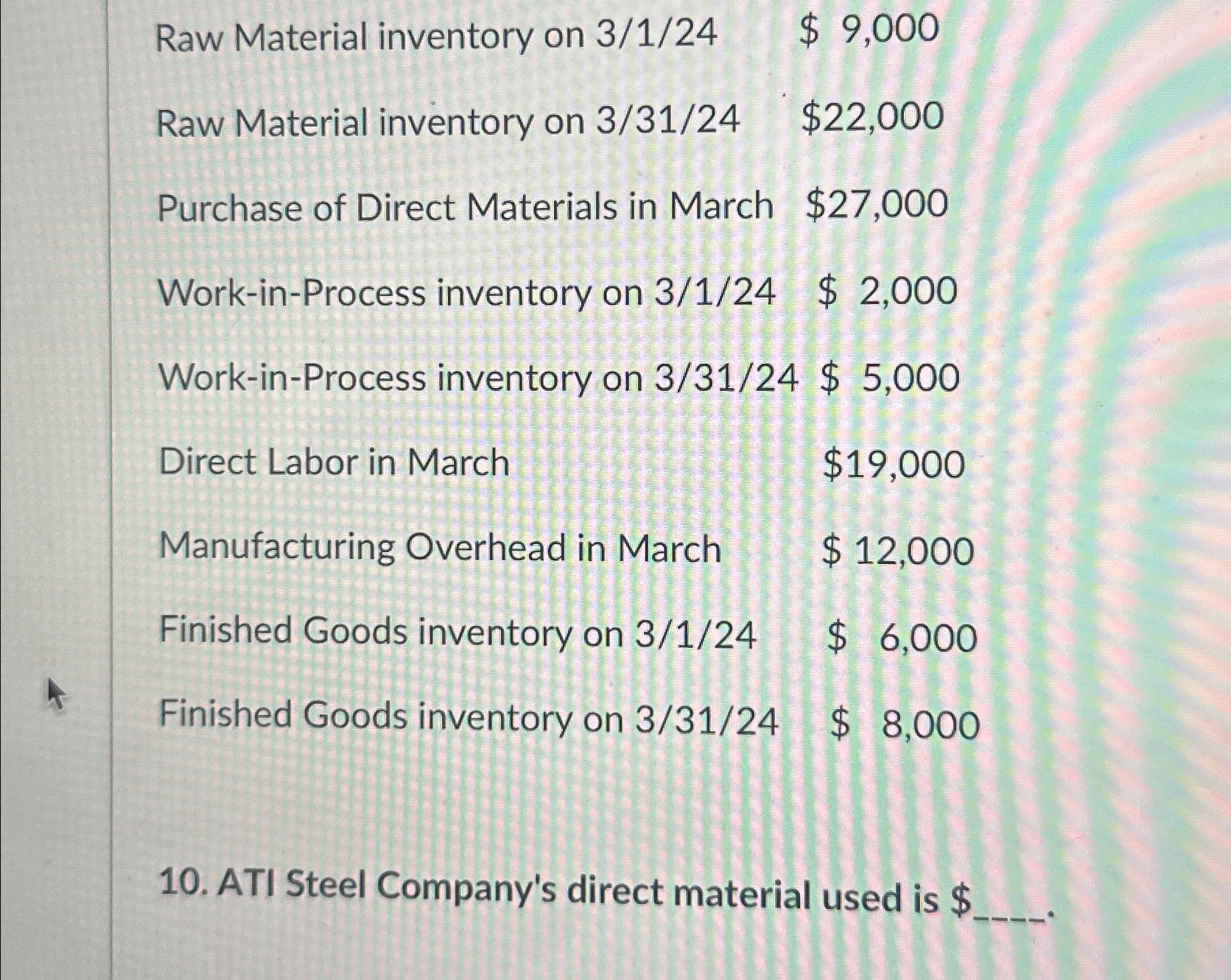 Solved Raw Material inventory on 31?24 ﻿$9,000Raw Material | Chegg.com