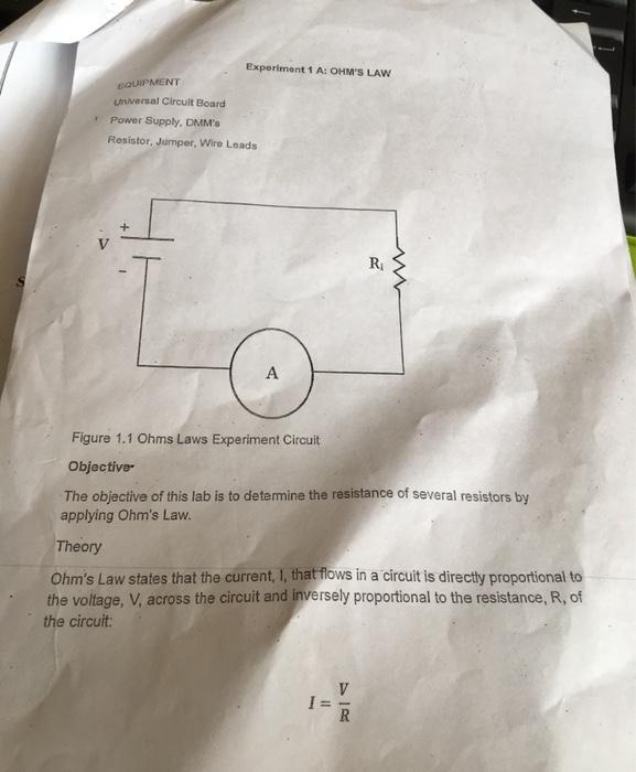 Solved Experiment 1 A: OHM'S LAW EQUIPMENT Universal Circuit | Chegg.com