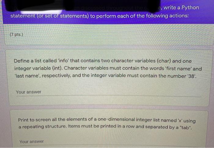 Solved e, write a Python statement (or set of statements) to | Chegg.com