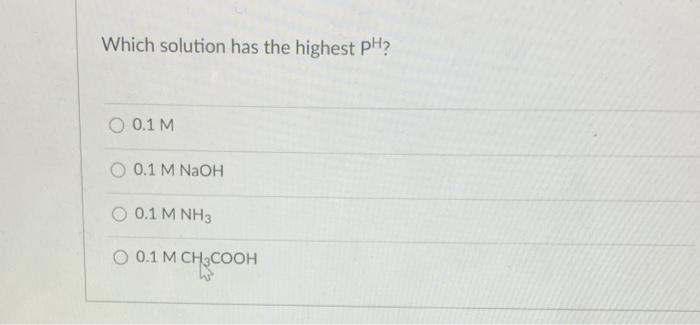 Solved Which Solution Has The Highest PH? O 0.1 M O 0,1 M | Chegg.com