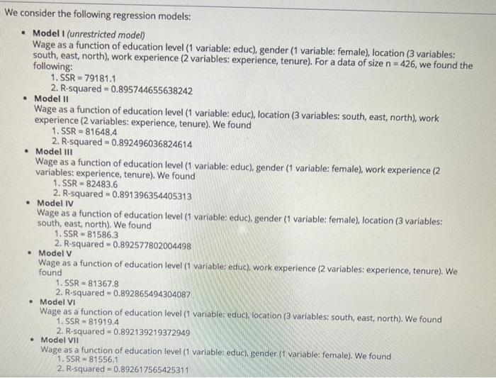 Solved We consider the following regression models: • Model | Chegg.com