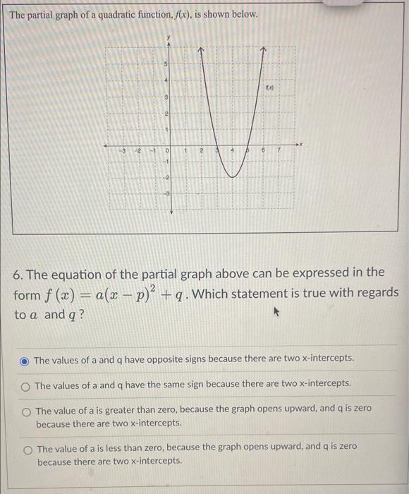 The partial graph of a quadratic function, f(x), is shown below.
(X)
6. The equation of the partial graph above can be expres