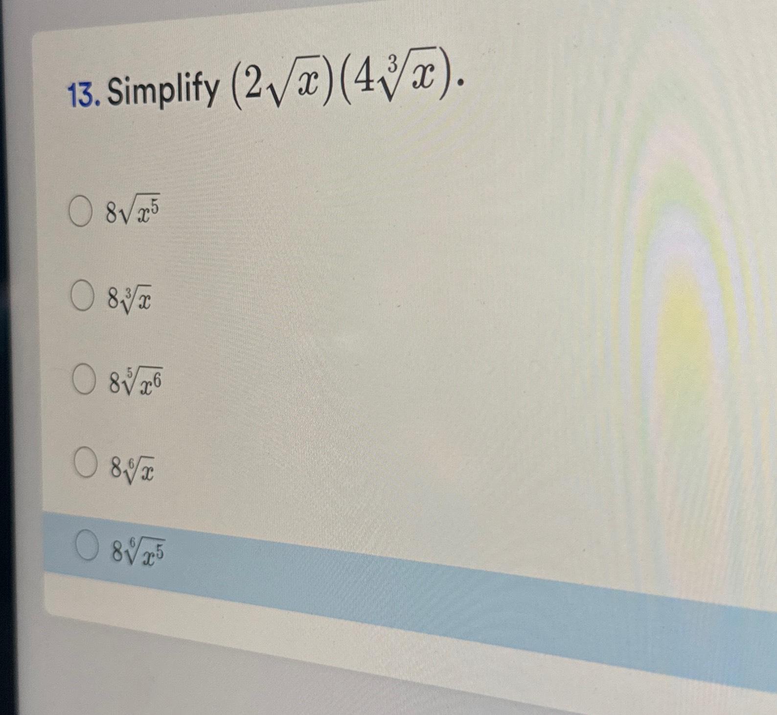 simplify 2 square root 3 x 3 square root 8