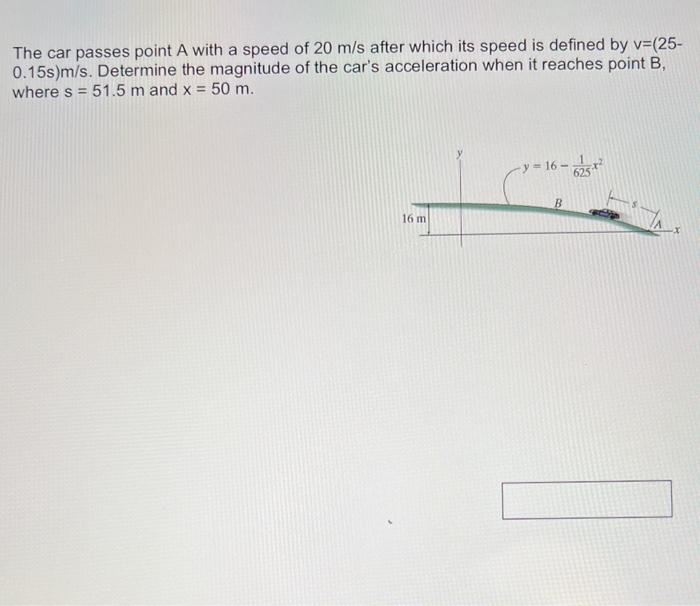 Solved The car passes point A with a speed of 20 m/s after | Chegg.com
