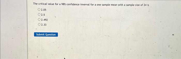 Solved The critical value for a 98% confidence inverval for | Chegg.com