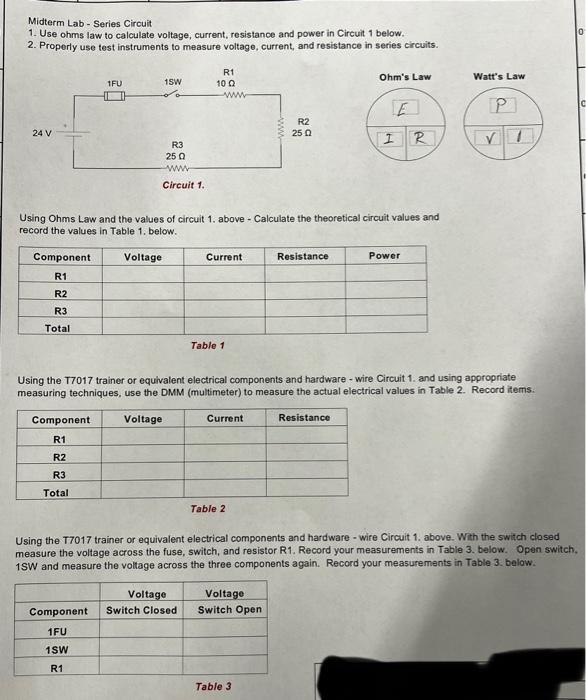 Solved Midterm Lab Series Circuit 1. Use ohms law to | Chegg.com