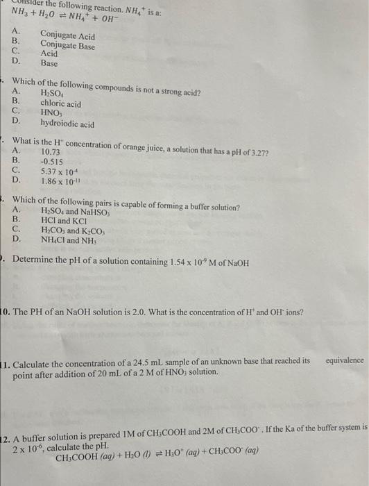 Solved der the following reaction. N is a: NH3 + H2O + NH4+ | Chegg.com