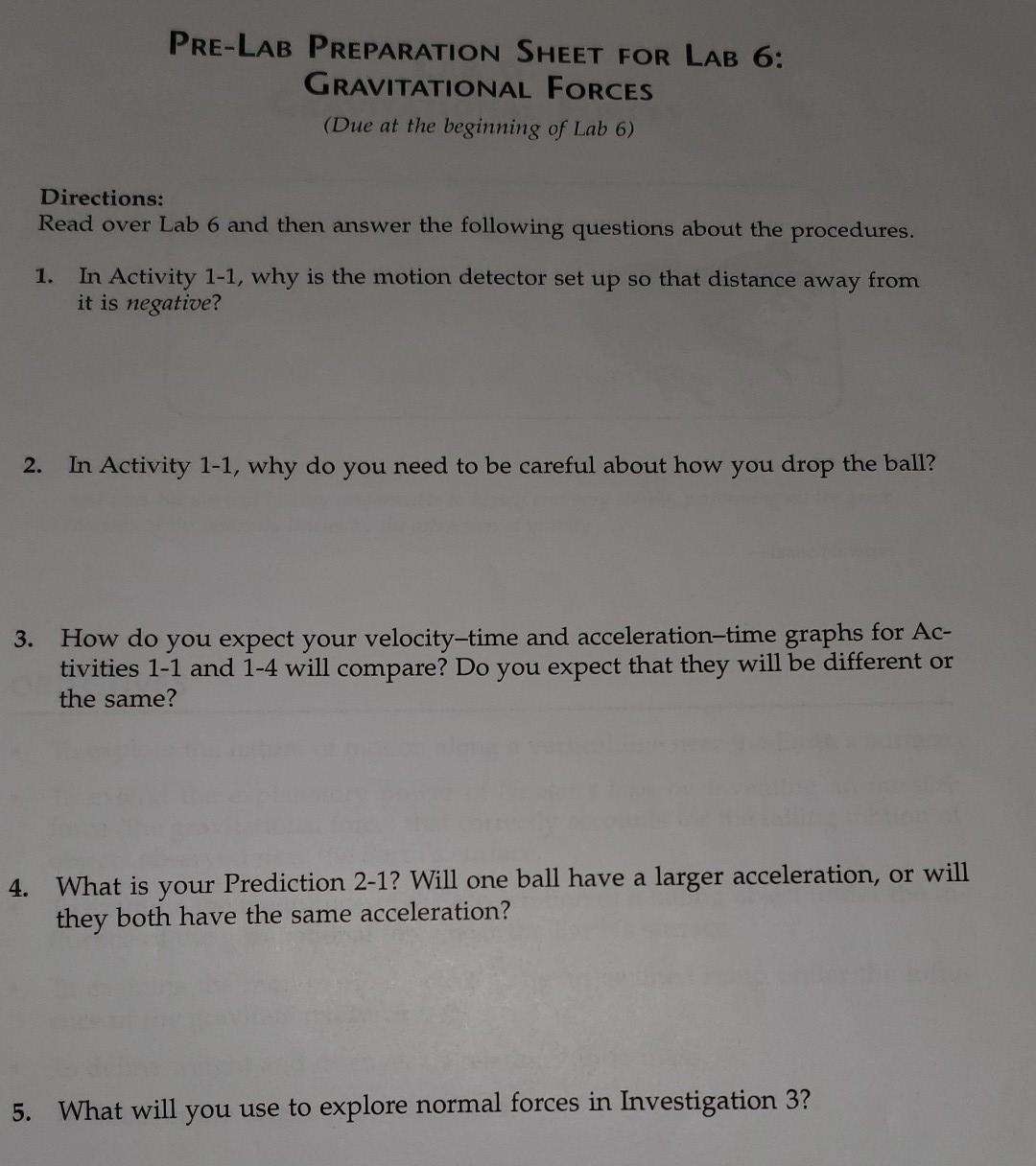 Solved PRE-LAB PREPARATION SHEET FOR LAB 6: GRAVITATIONAL | Chegg.com