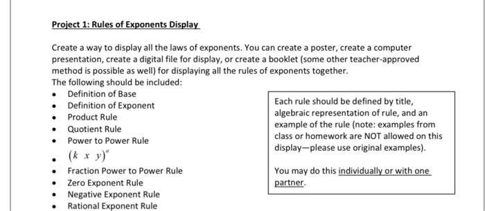Solved Project 1: Rules of Exponents Display Create a way to | Chegg.com