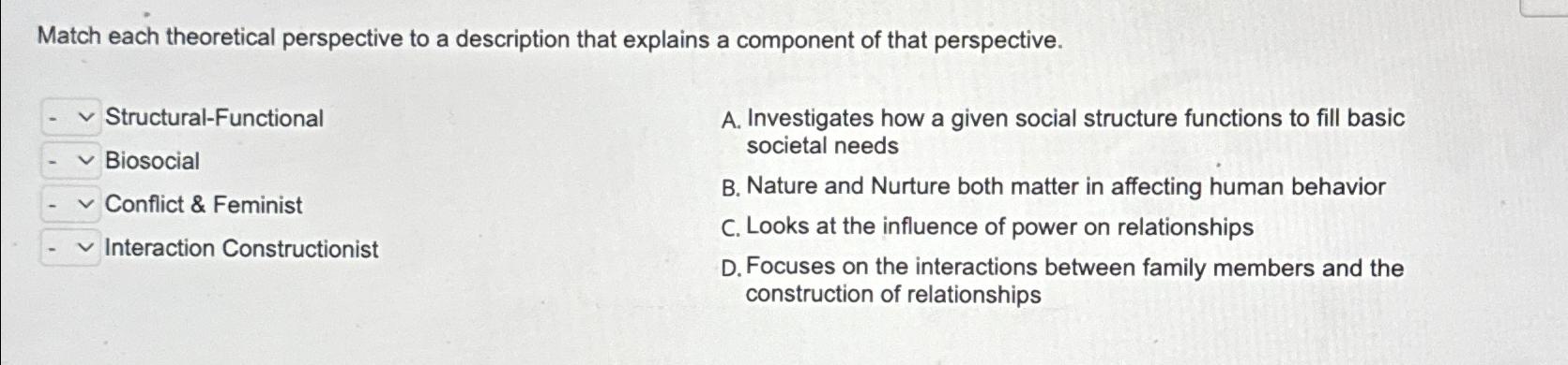 Solved Match Each Theoretical Perspective To A Description | Chegg.com