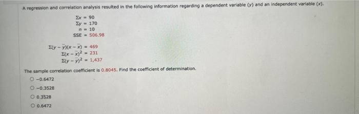 Solved A Regression And Correlation Analysis Resulted In The | Chegg.com
