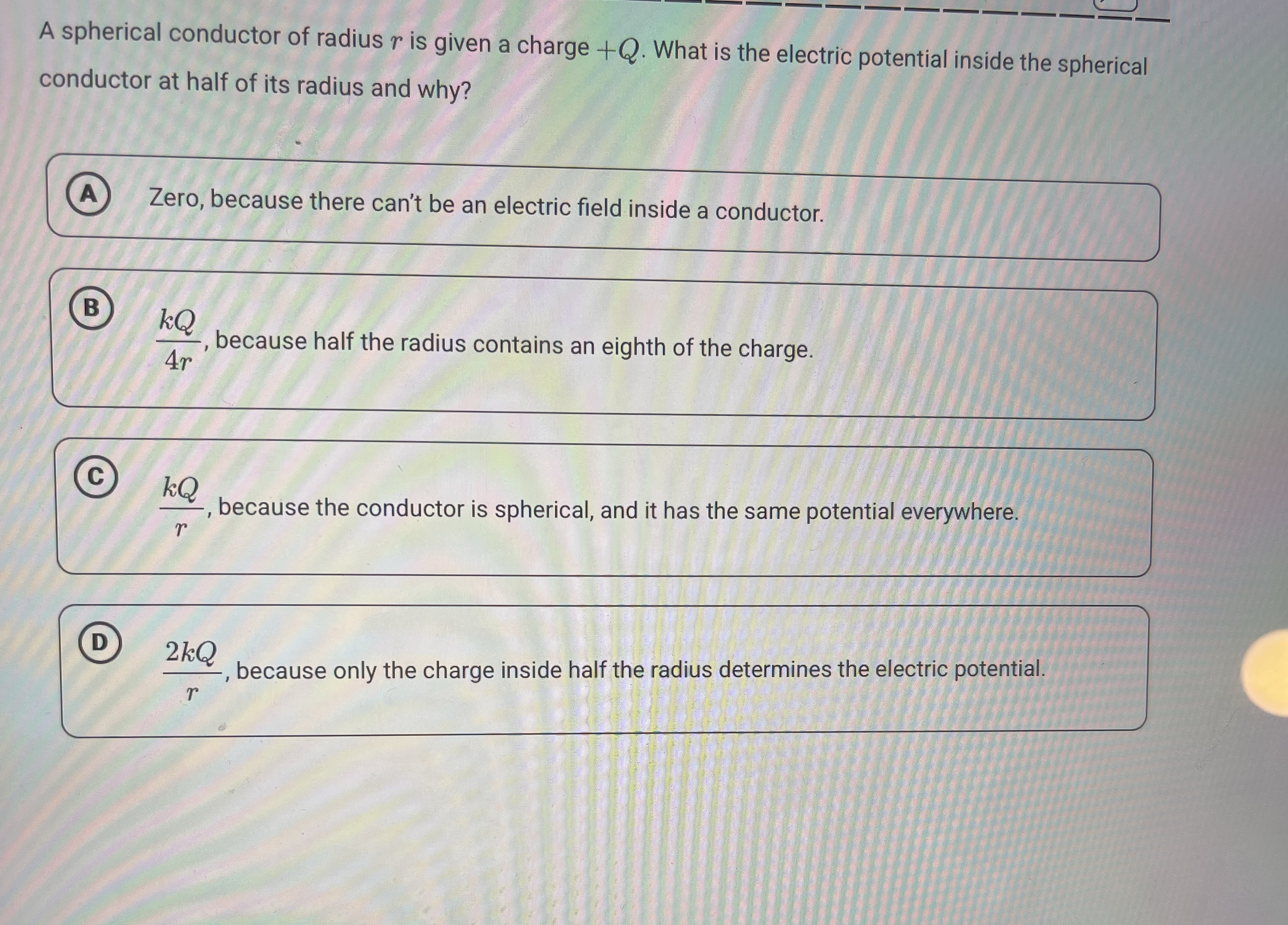 Solved A spherical conductor of radius r ﻿is given a charge | Chegg.com