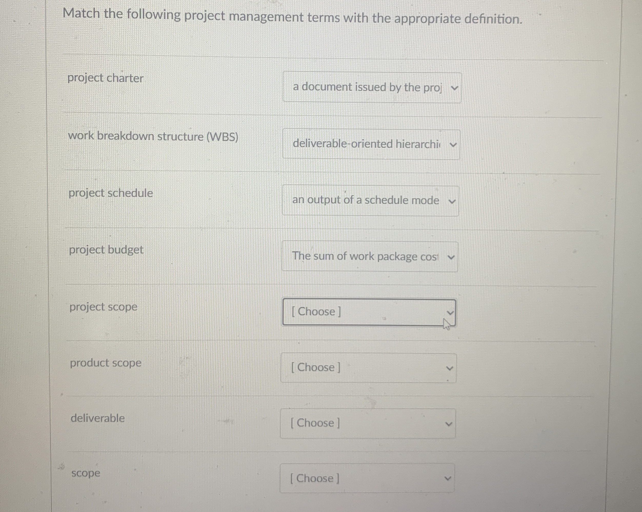 Solved Match the following project management terms with the | Chegg.com