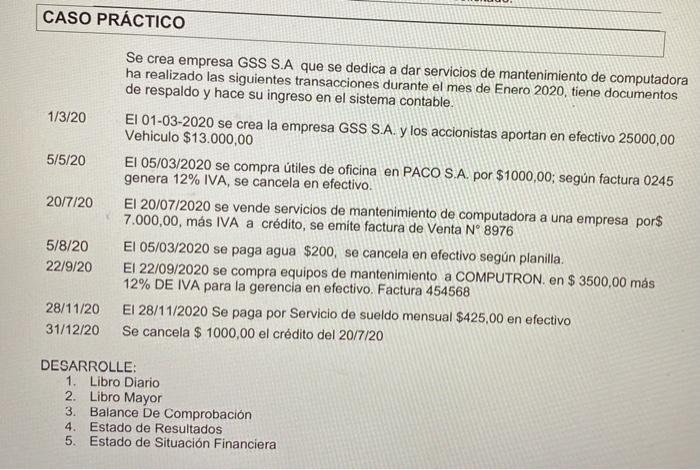 Se crea empresa GSS S.A que se dedica a dar servicios de mantenimiento de computadora ha realizado las siguientes transaccion