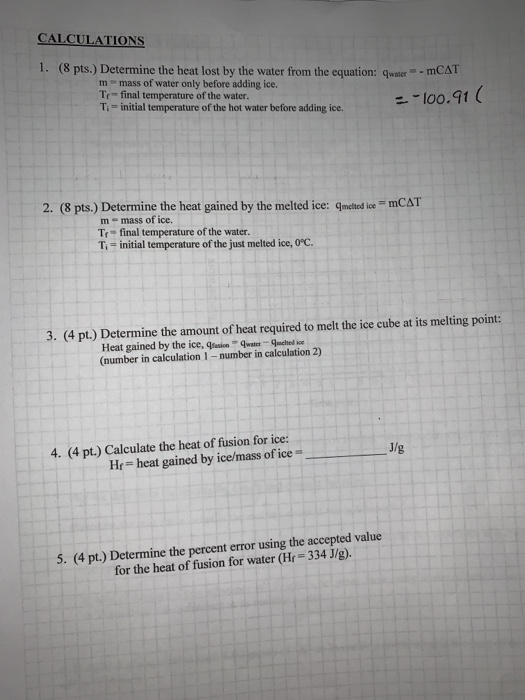 Solved CALCULATIONS 1. (8 pts.) Determine the heat lost by | Chegg.com
