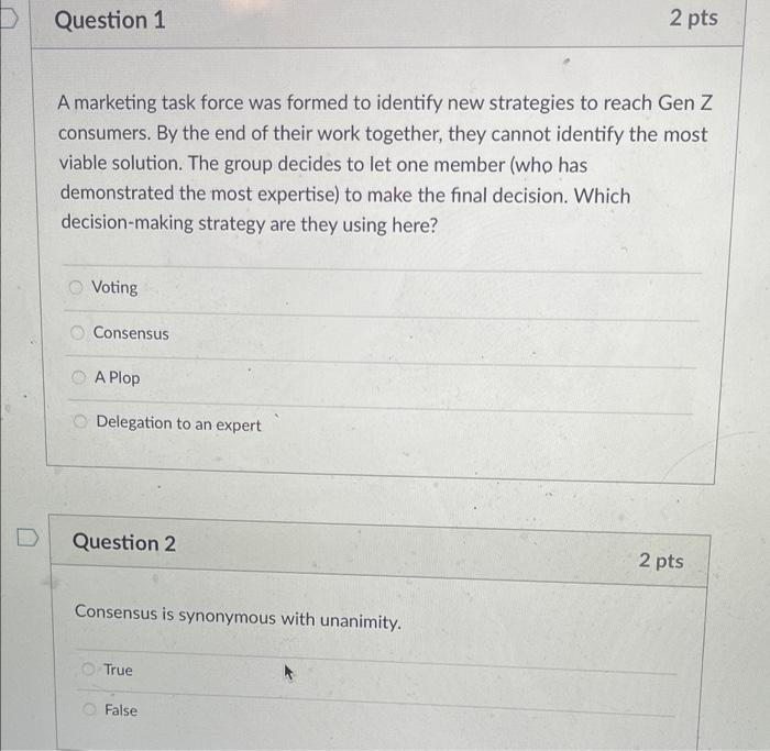 Solved Question 1 2 pts A marketing task force was formed to | Chegg.com