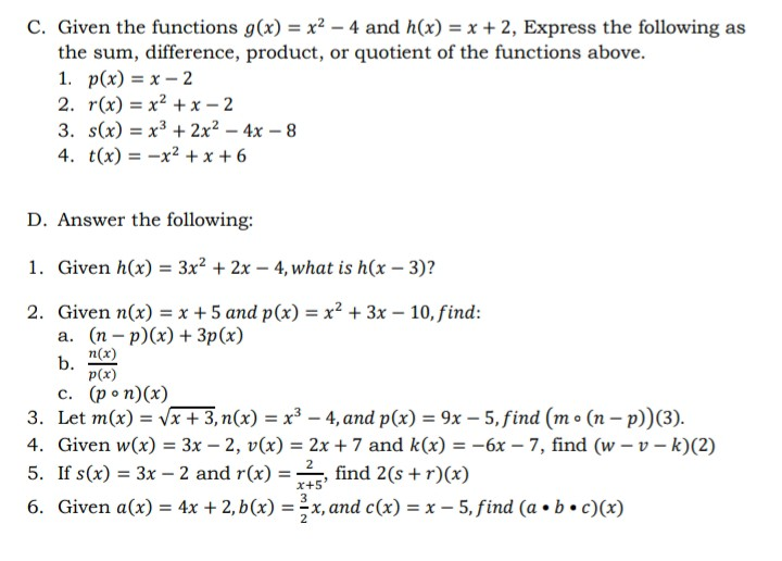 Solved C Given The Functions G X X2 4 And H X X Chegg Com