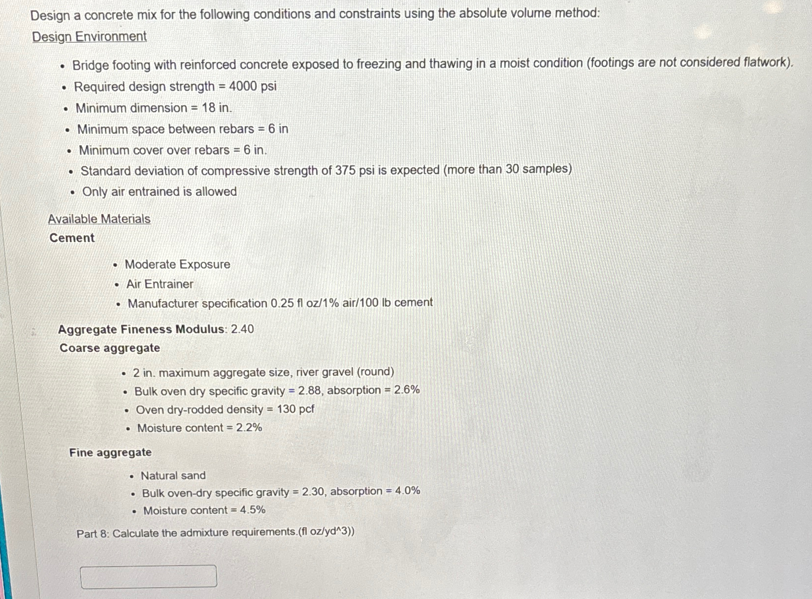 Solved Design a concrete mix for the following conditions | Chegg.com