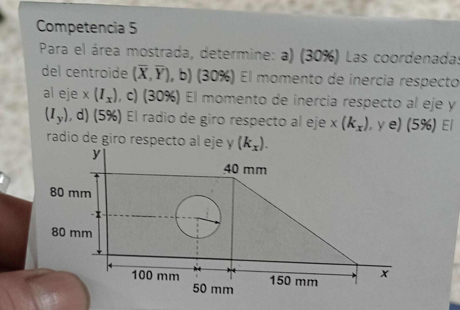 Competencia 5 Para el área mostrada, determine: a) (30\%) Las coordenada. del centroide \( (\bar{X}, \bar{Y}), b)(30 \%) \) E