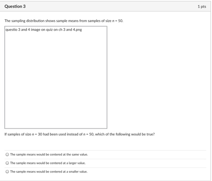 Solved Question 3 1 pts The sampling distribution shows | Chegg.com