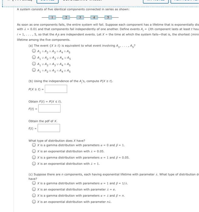 Solved A system consists of five identical components | Chegg.com