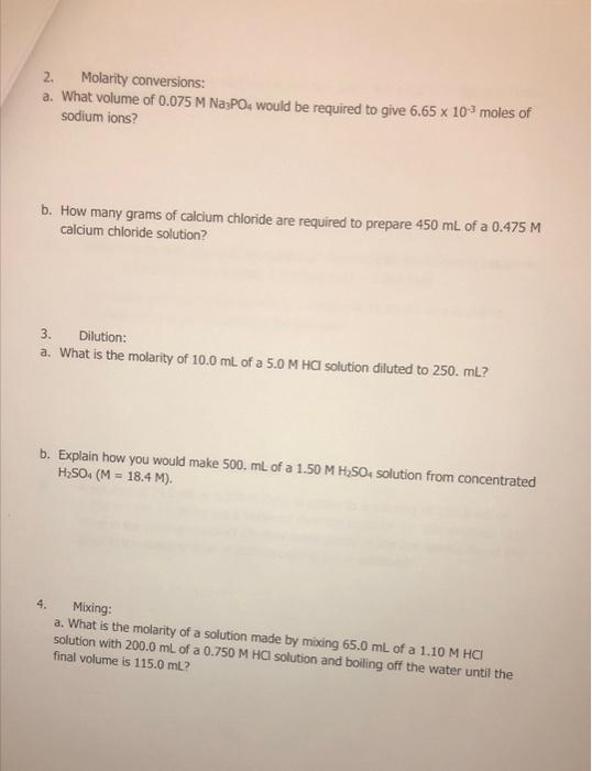 Solved 2. Molarity conversions: a. What volume of | Chegg.com