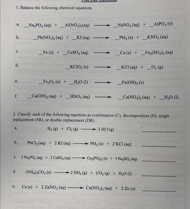 Solved 1. Balance the following chemical equations. a. | Chegg.com