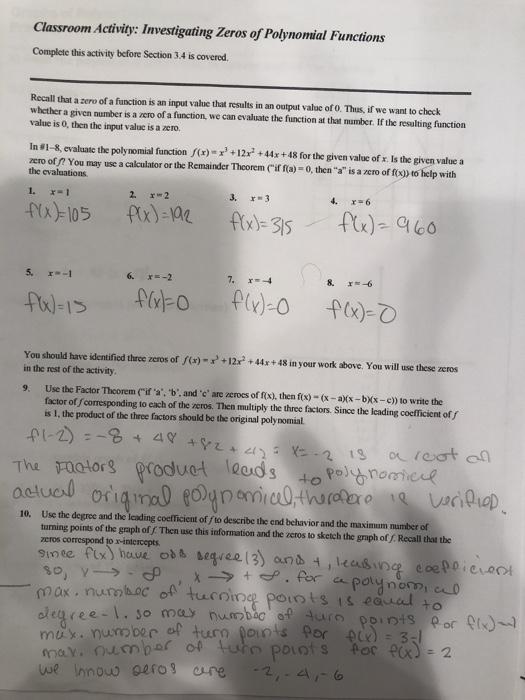 Classroom Activity: Investigating Zeros of Polynomial | Chegg.com