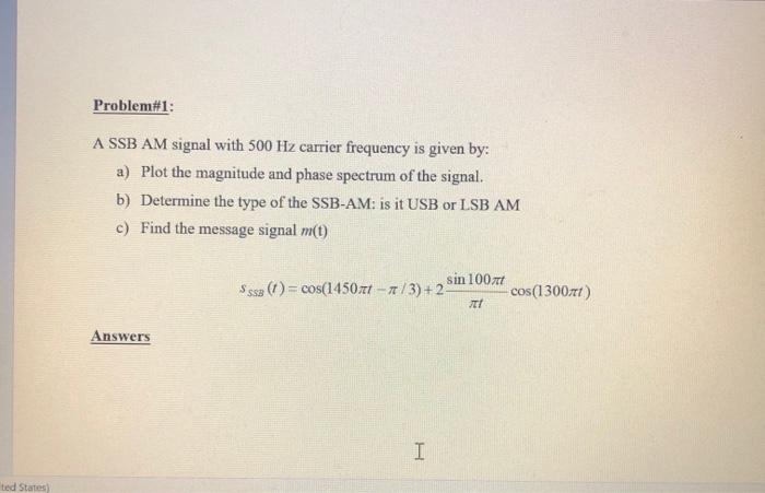 Solved Problem#1: A SSB AM signal with 500 Hz carrier | Chegg.com