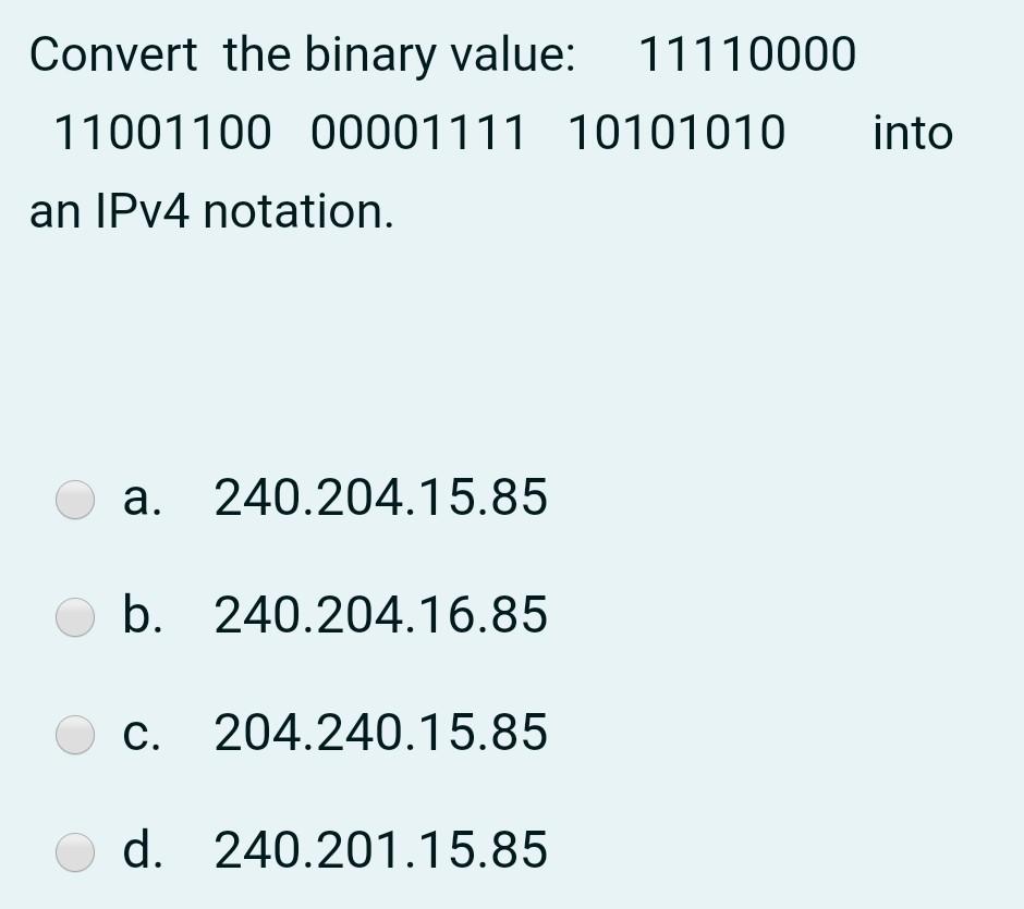 Solved Convert the binary value: 11110000 11001100 00001111 | Chegg.com