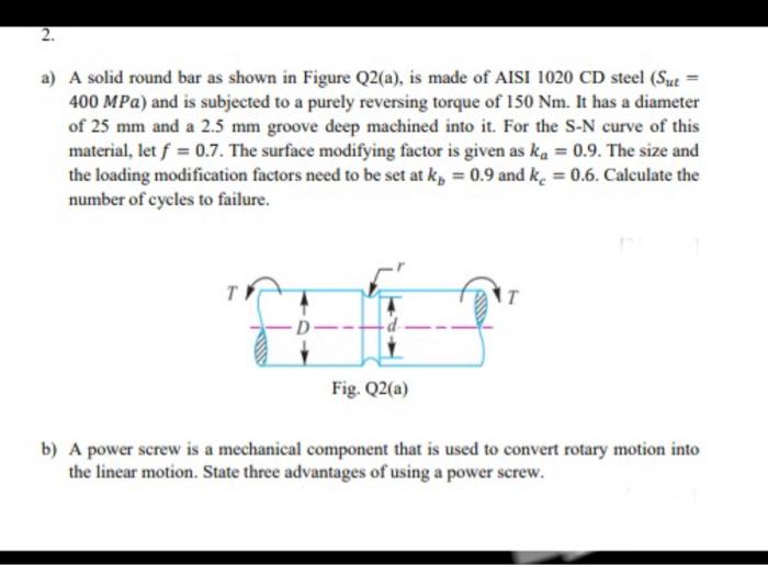 Solved 2. a) A solid round bar as shown in Figure Q2(a), is | Chegg.com