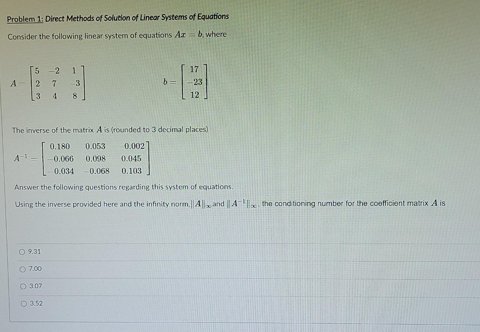 Solved Problem 1: Direct Methods of Solution of Linear | Chegg.com