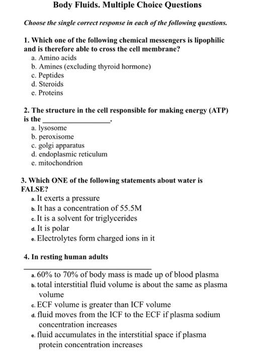Solved Body Fluids. Multiple Choice Questions Choose the | Chegg.com