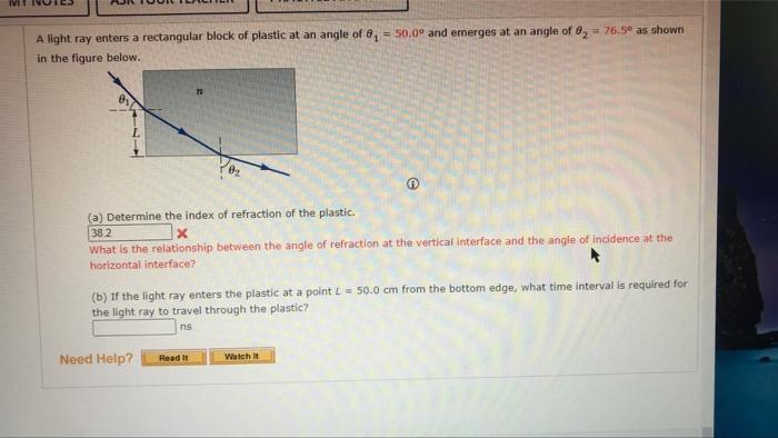 Solved A light ray enters a rectangular block of plastic at | Chegg.com