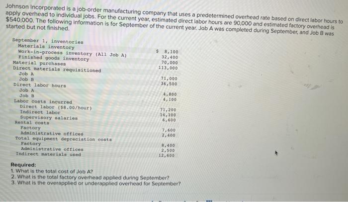 Solved Johnson Incorporated is a job-order manufacturing | Chegg.com