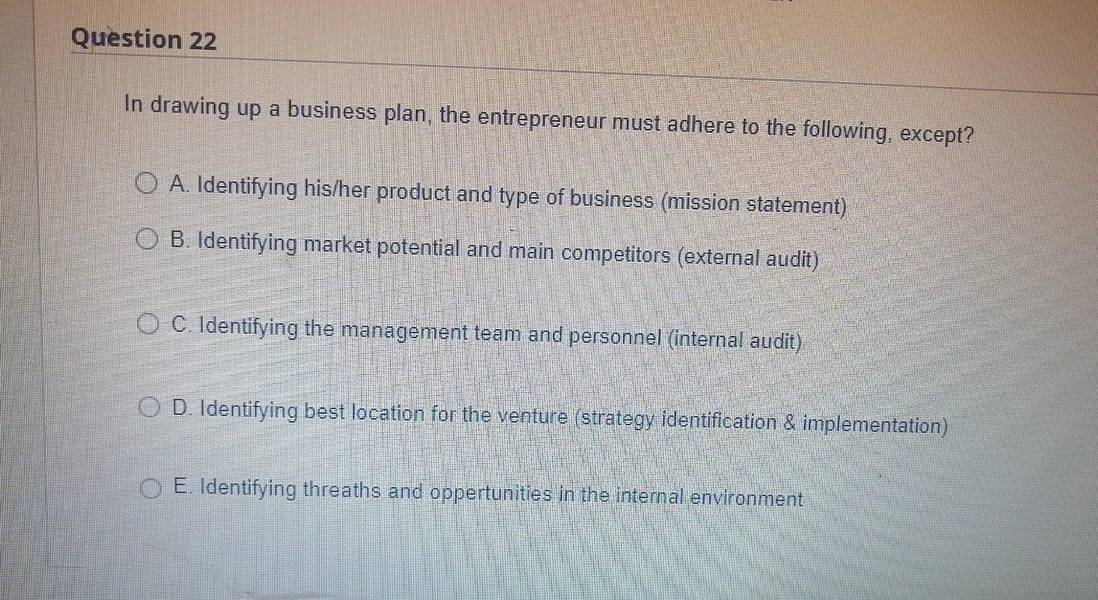 Solved Question 22 In Drawing Up A Business Plan, The | Chegg.com