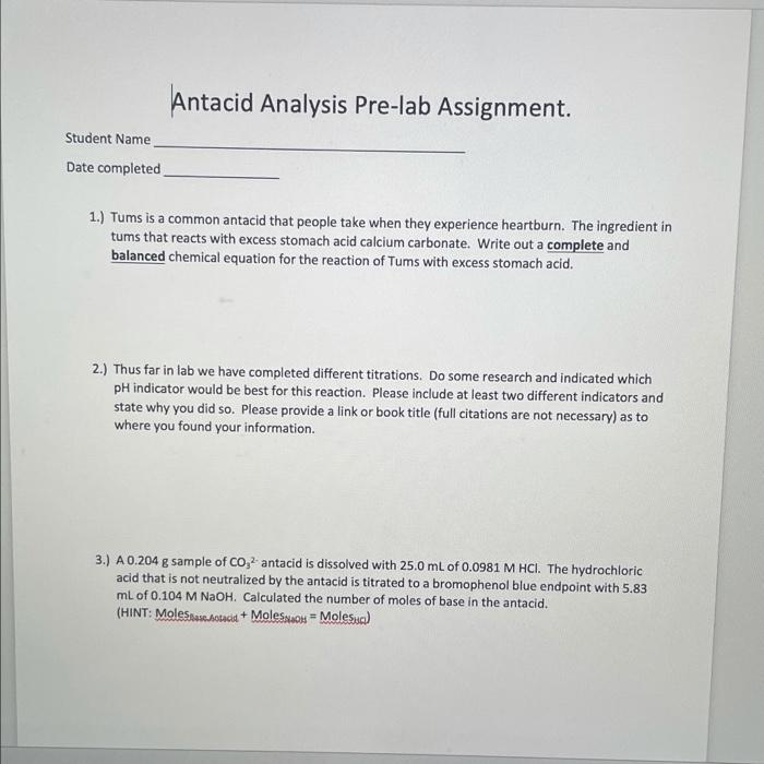 Solved Antacid Analysis Prelab Assignment. Student Name