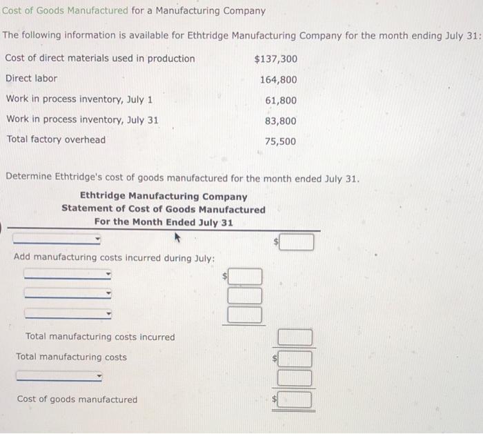 Solved Cost of Goods Manufactured for a Manufacturing | Chegg.com