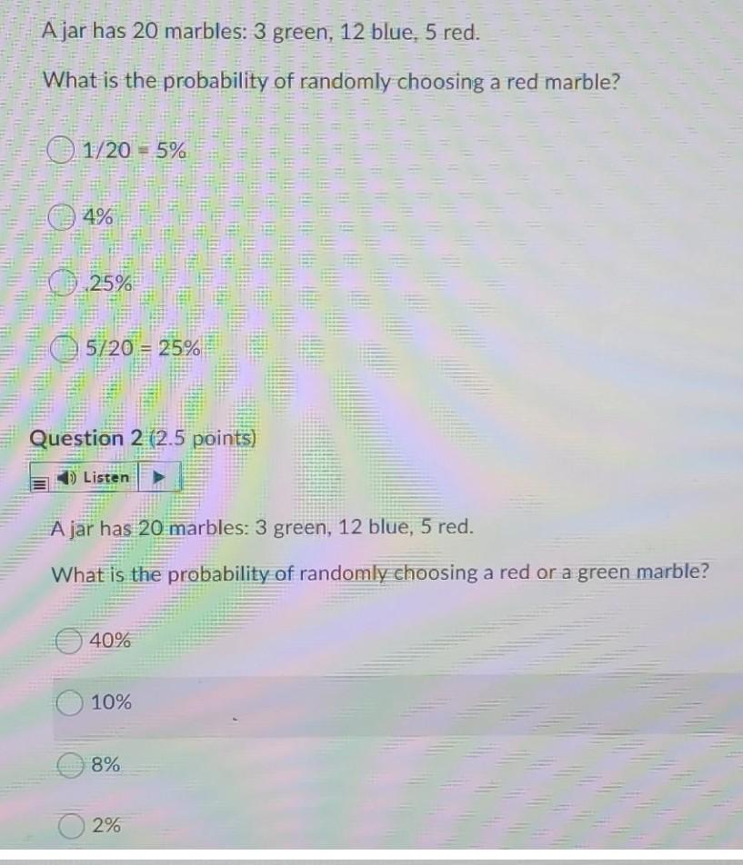 Solved Ajar has 20 marbles 3 green, 12 blue. 5 red. What is