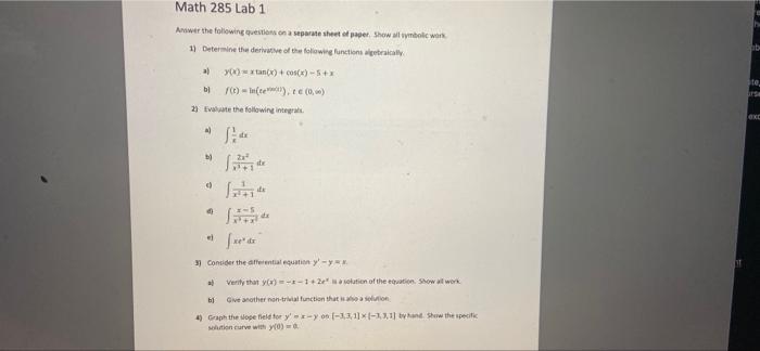 Solved Math 285 Lab 1 Answer the following questions on a | Chegg.com