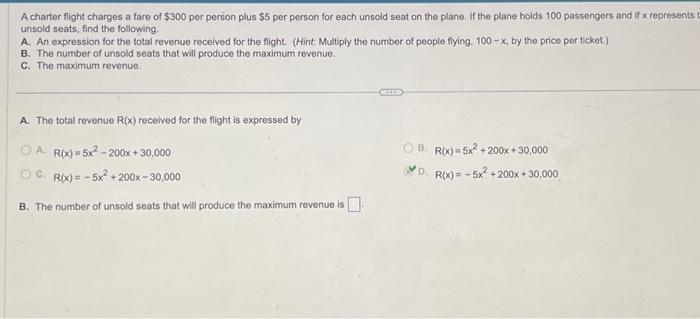 Solved A charter flight charges a fare of $300 per person | Chegg.com