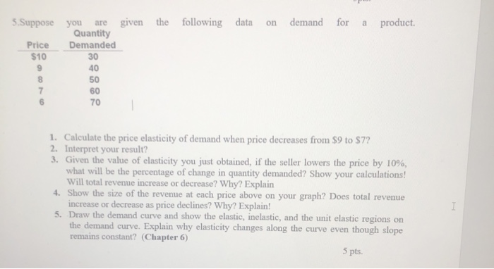 Solved 5.Suppose given the following data on demand for a | Chegg.com