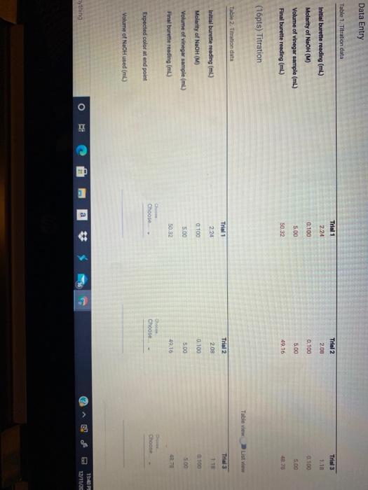 Solved Data Entry Table 1. Titration data Trial 2 Trial 1 | Chegg.com