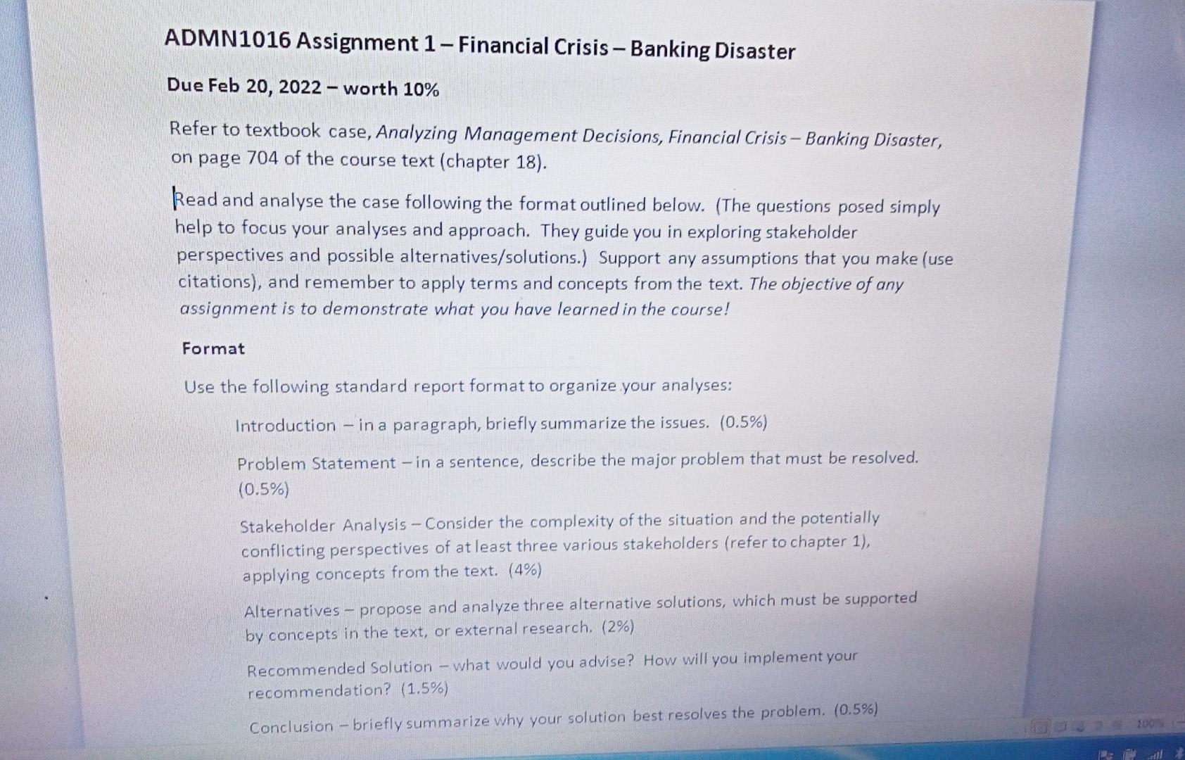 ADMN1016 Assignment 1 - Financial Crisis - Banking | Chegg.com