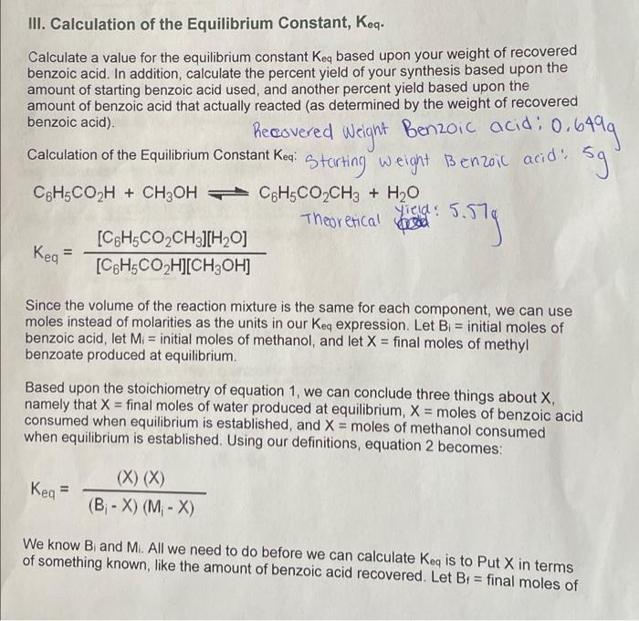 Solved III. Calculation Of The Equilibrium Constant, Keq. | Chegg.com