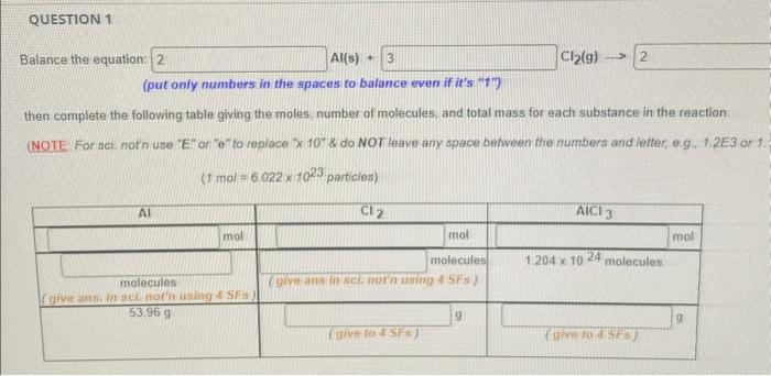 Solved Balance the equation: Al(s)+ Cl2( g)→ ( p ut only | Chegg.com