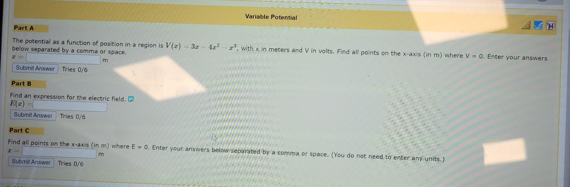 Solved The potential as a function of position in a region | Chegg.com