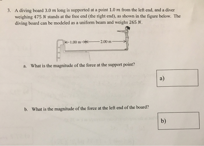 Solved 3. A diving board 3.0 m long is supported at a point | Chegg.com