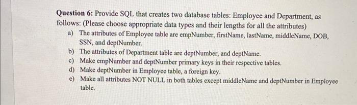 Solved Question 6: Provide SQL that creates two database | Chegg.com