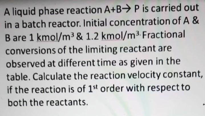 A liquid phase reaction A+B→P is carried out in a | Chegg.com